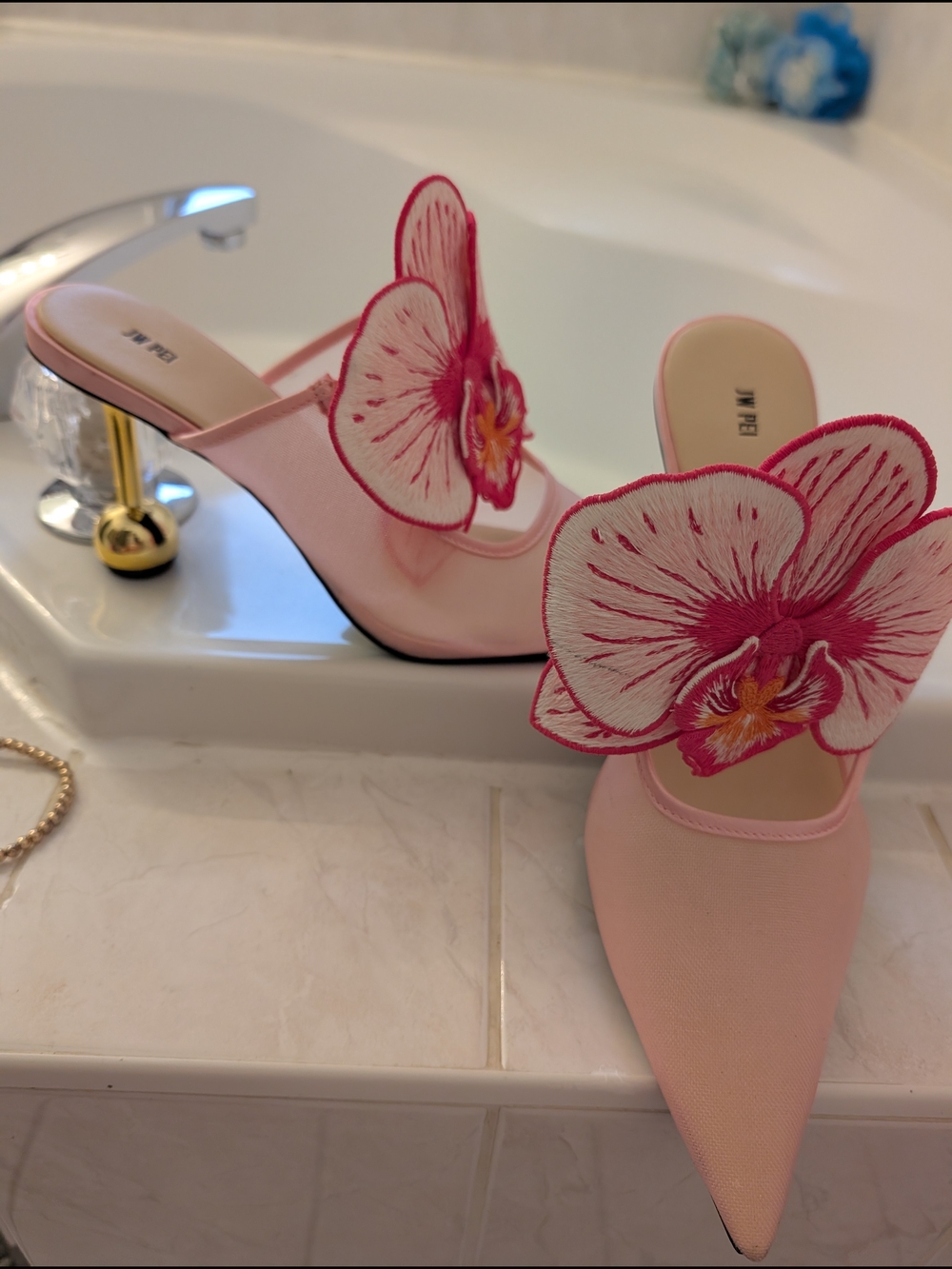 JW PEI Pink Floral Appliqué Pointed-Toe Mules